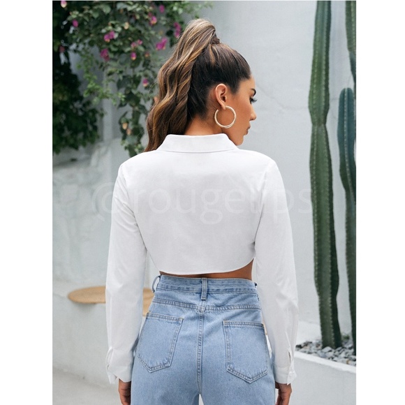 100% Cotton White Crop Button Up Down Long Sleeve Collared Shirt - Picture 5 of 7